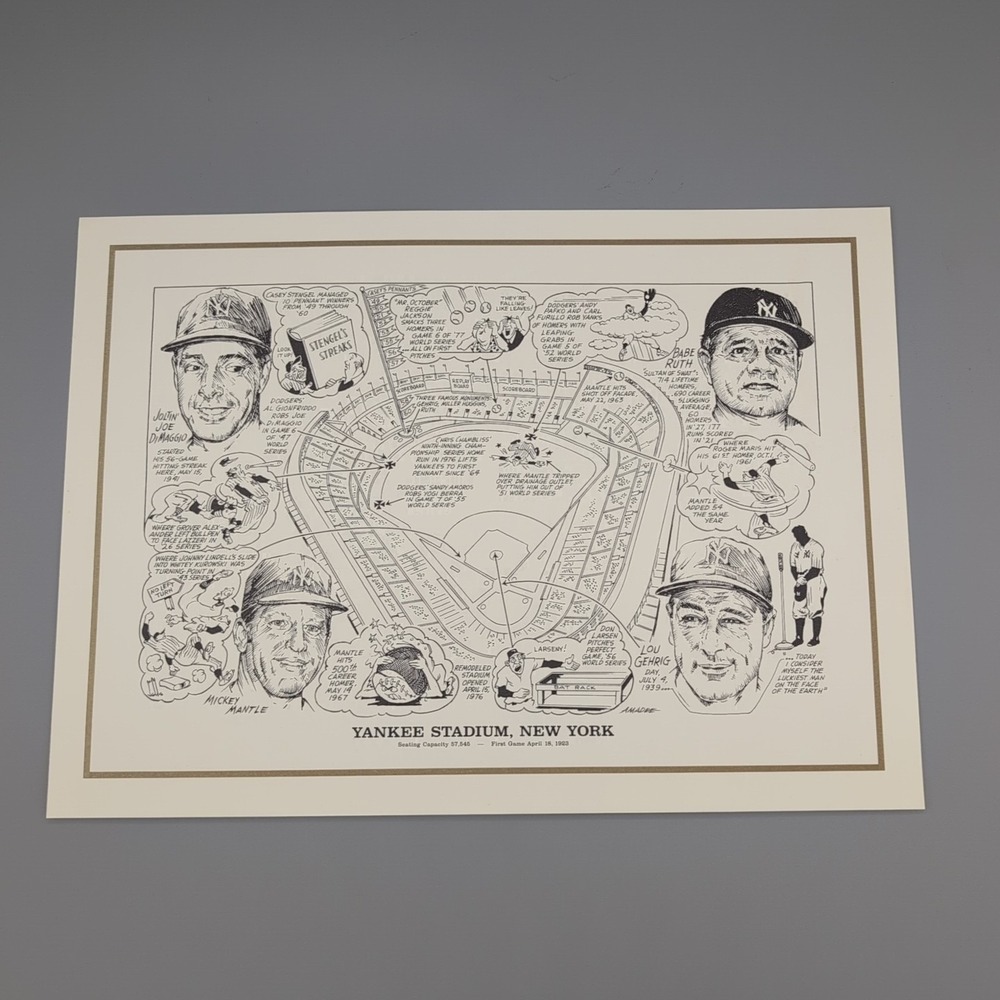 1990 Sporting News Yankee Stadium Litho Print by Amadee Babe Ruth Mickey‎ Mantle